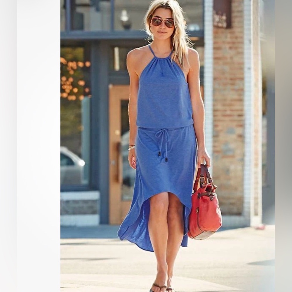 athleta blue malti patio halter top hogh low maxi dress size S